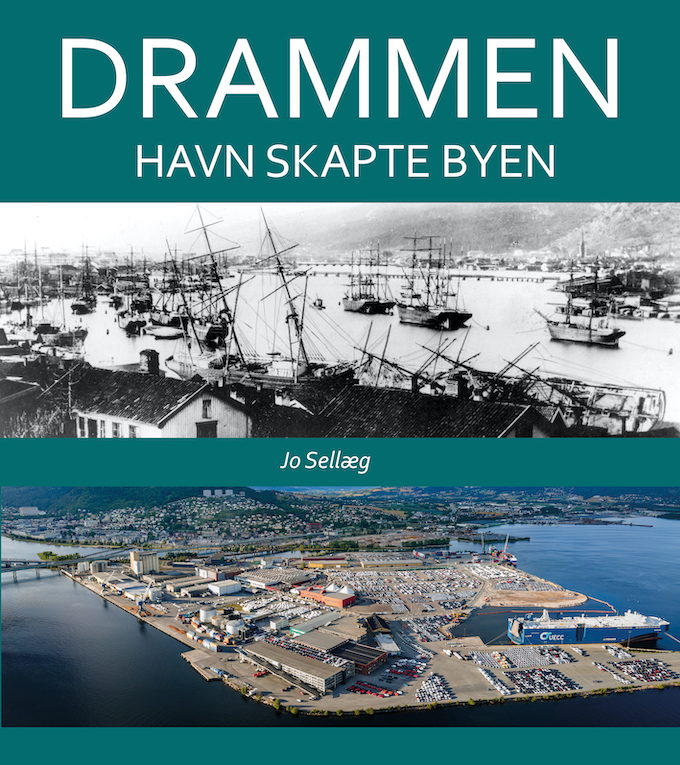Bilde av forsiden til boken om drammen havn med tittel og oversiktsbilde av havnen og et sorthvittbilde av gamle baater